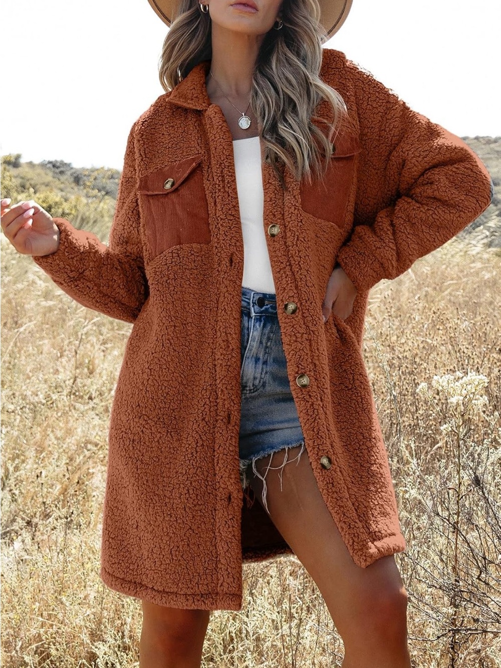 New Amazon Fuzzy Fleece Lapel Button Down Long Teddy Coat Dark Orange $34.99
